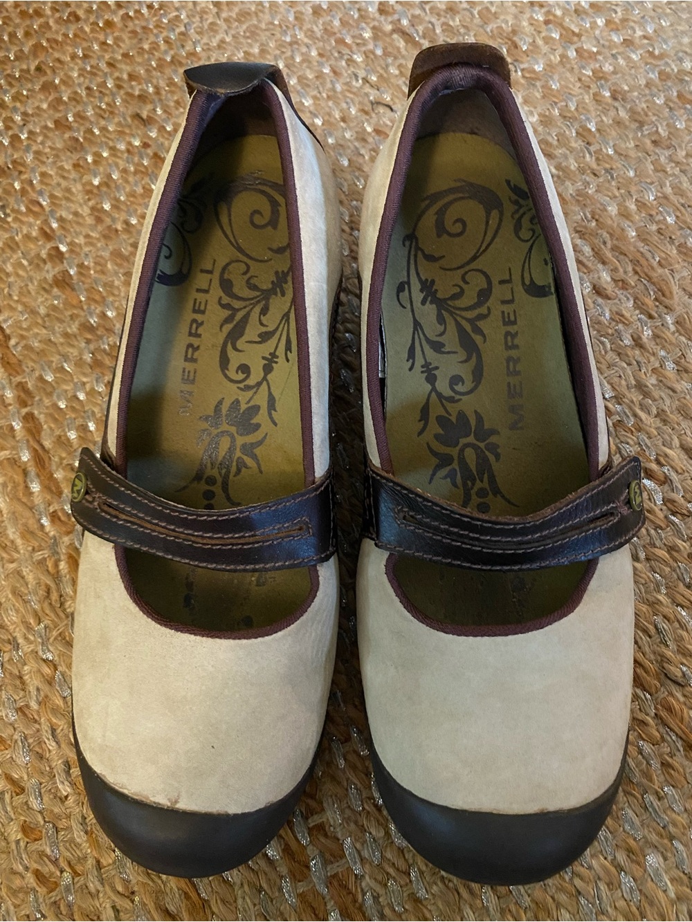 Merrell Plaza Bandeau Mary Jane Shoes Dark Taupe Suede Leather Womens Size 7.5